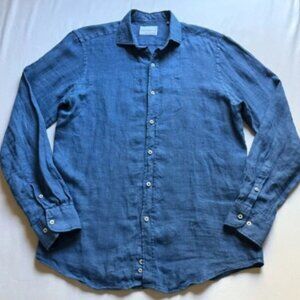 SAM NEWMAN blue linen long sleeve button up shirt